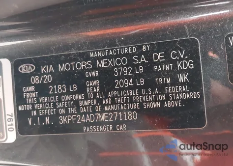 2021 Kia Forte Lxs из США, поврежденный, VIN 3KPF24AD7ME271180